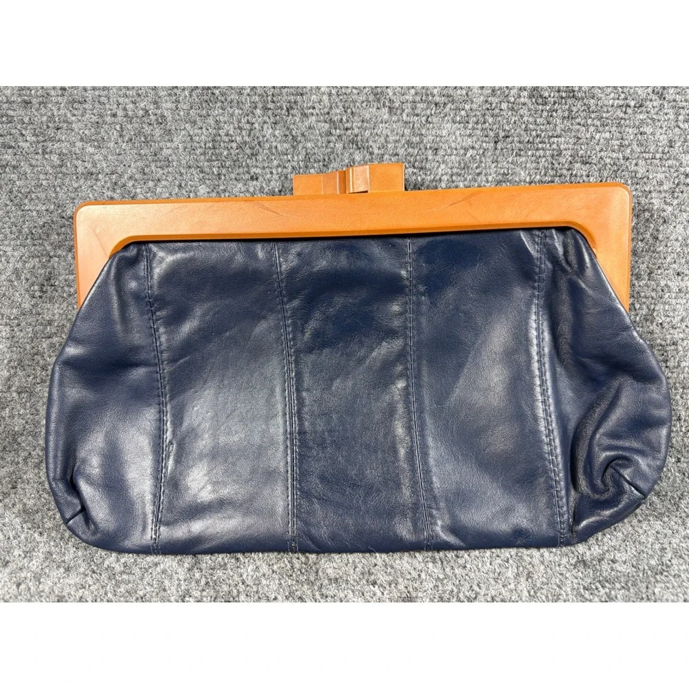 Vintage Navy Blue Genuine Leather Kiss Lock Clutch Wood Look Frame 12 Inch